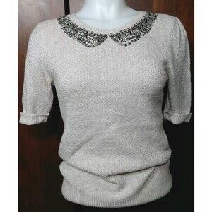 Free People Beige  Embellished Angora Wool Blend‎ Short Sleeve Sweater Size PS
